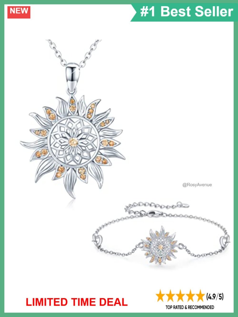 S925 Sterling Silver Sunflower Necklace Bracelet Jewelry Set with Cubic Zirconia